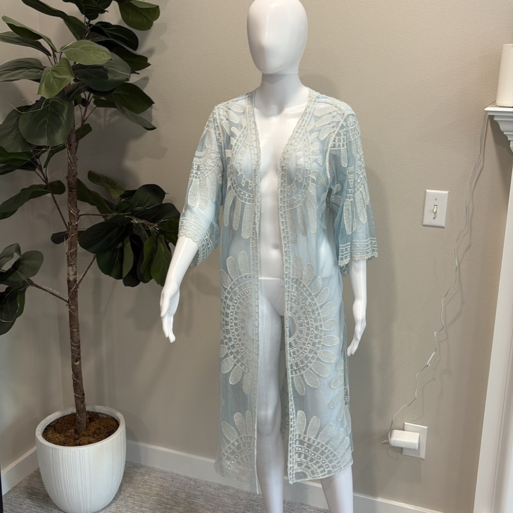Rebellion Sheer Mesh Embroidered Beach Cover Up Cardigan Size M Blue Long Duster - Picture 13 of 14